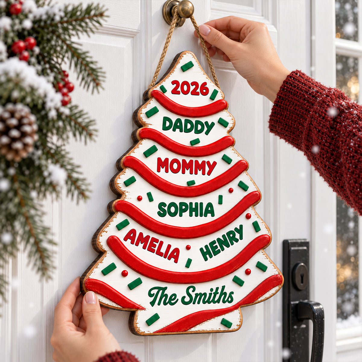 Custom Family Name Christmas Tree Cake - Personalized Wooden Door Sign - Christmas Decor