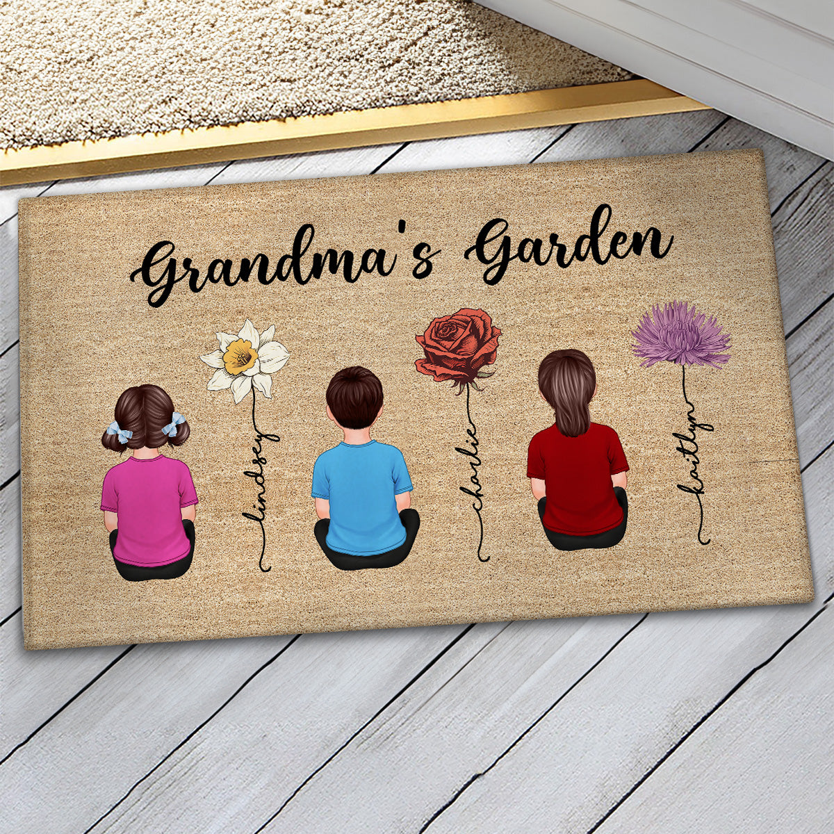 Grandkids Sitting Grandma Garden Vintage Birth Month Flowers Personalized Doormat
