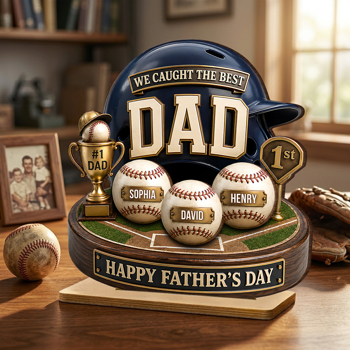 Baseball Trophy We Caught The Best Dad - Personalized 2-Layered Wooden Plaque - Father's Day Gift For Dad, Husband