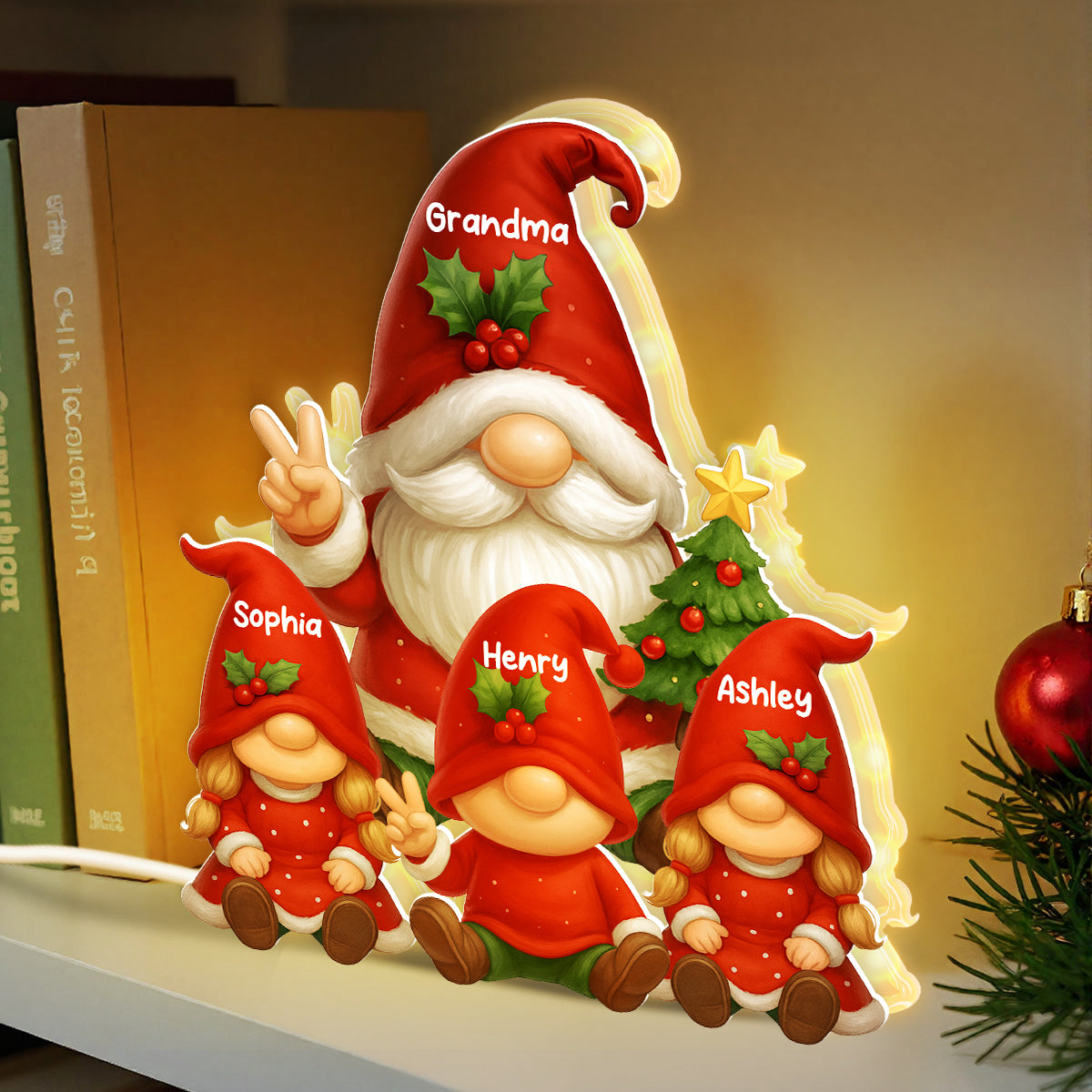 Gnome Grandma & Grandkids Festive Holiday - Personalized Light Box - Christmas Decor, Christmas Gift for Grandma