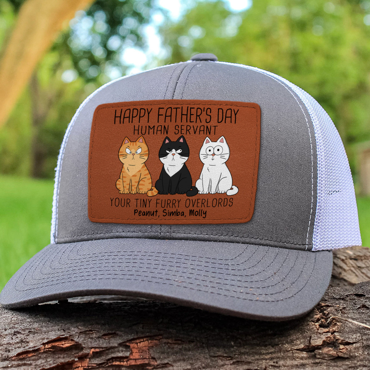 Happy Father‘s Day Human Servant Funny Cute Cats Personalized Leather Patch Hat, Gift For Cat Dad