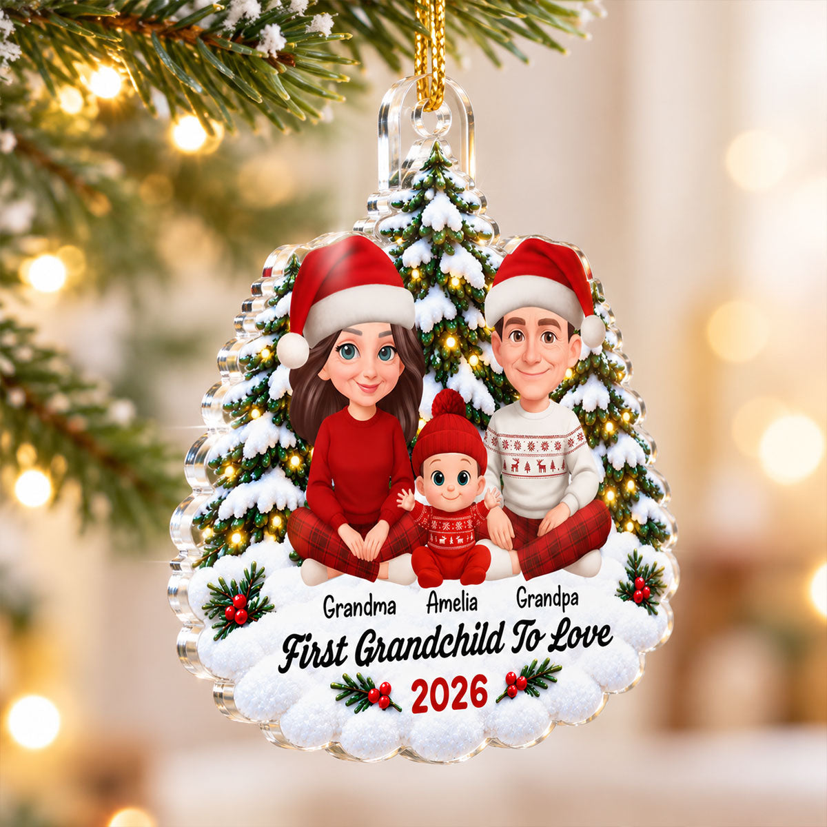 First Grandchild To Love Snowy Christmas Trees - Personalized Acrylic Ornament - Christmas Gift For Grandparents, First-Time Grandparents