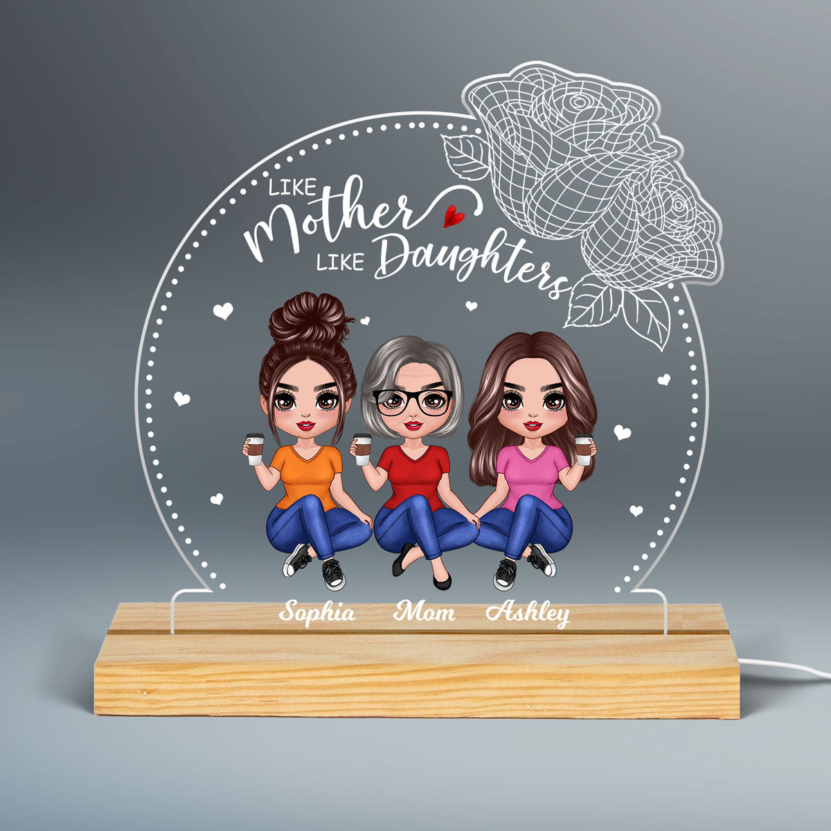 Like Mother Like Daughter Doll 3D Roses Personalized Custom Shape Acrylic Plaque With LED Night Light