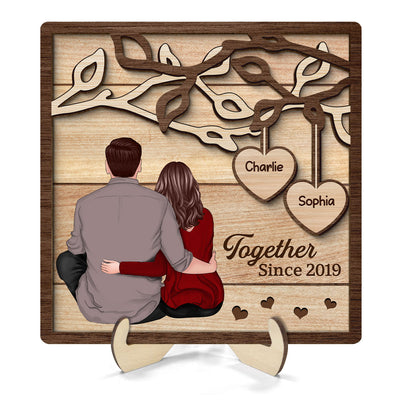 Back View Couple Sitting Under Tree Personalized 2-Layer Wooden Plaque