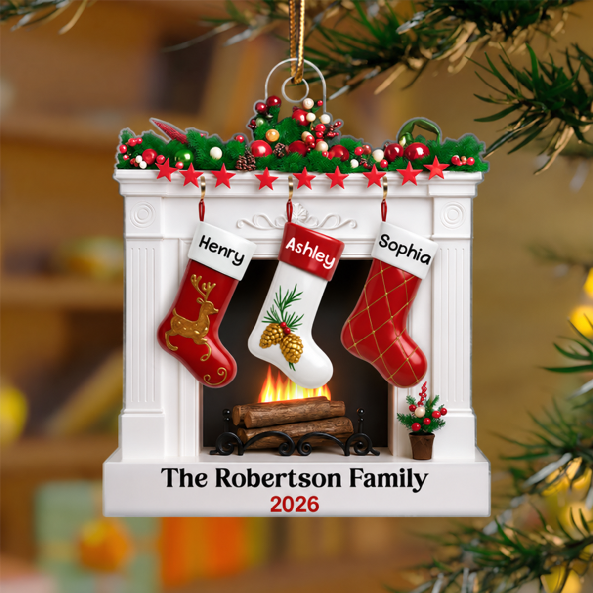 Fireplace Stocking Family Personalized Christmas Ornament, 3D Effect Ornament, Custom Family Name