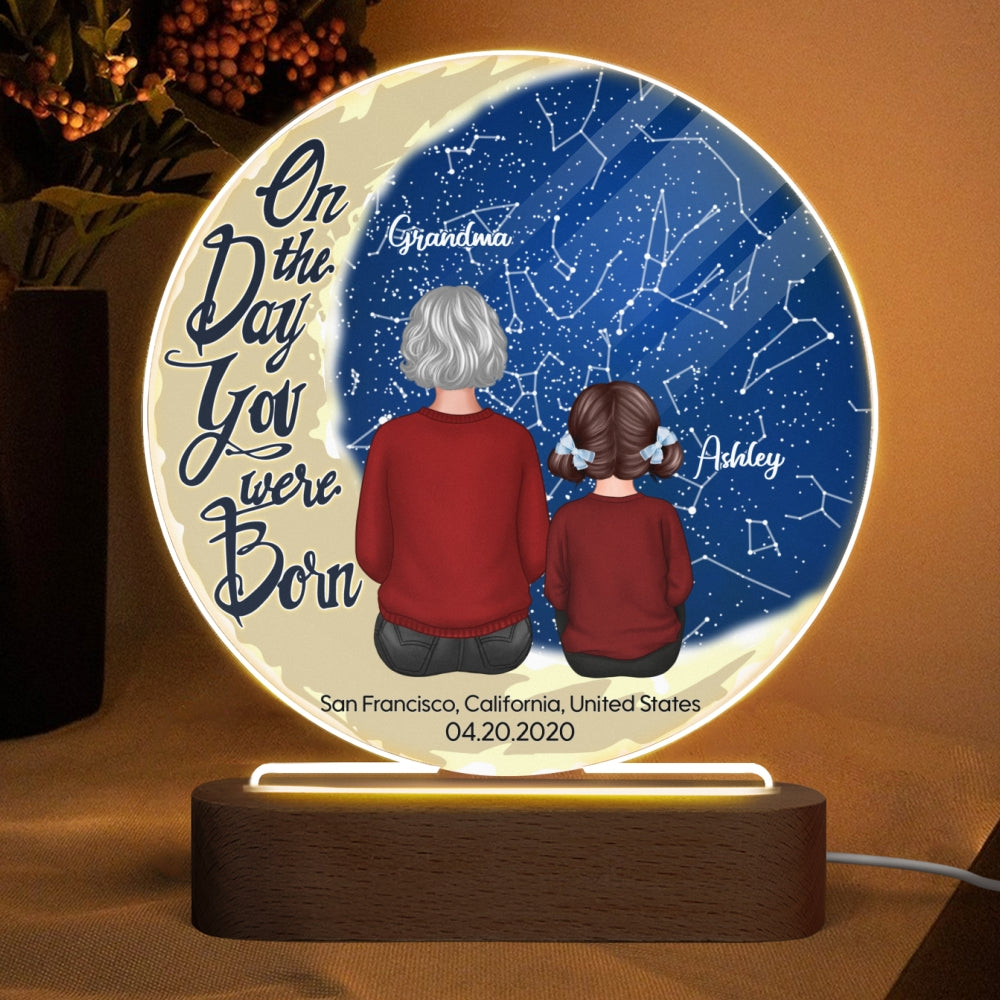 Grandma Grandkid Sitting On Moon Stargazing Star Map Personalized Circle LED Night Light