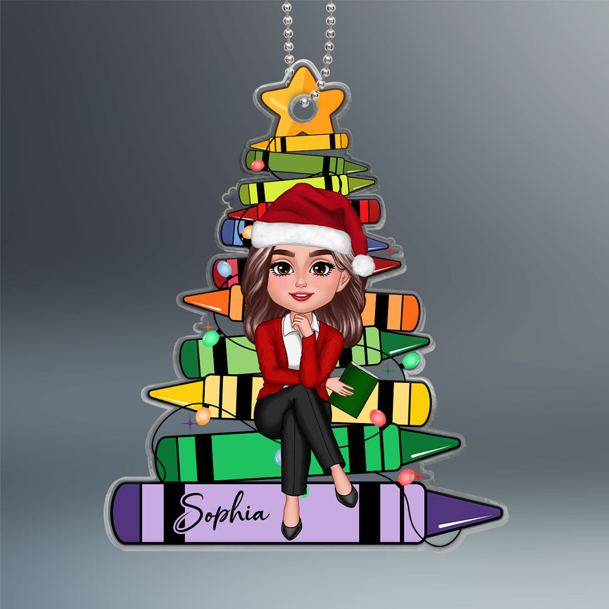 Crayon Christmas Tree Teacher Sitting Personalized Acrylic Ornament