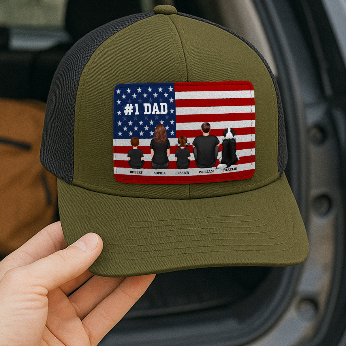 Nation Flag Dad And Kids Sitting Personalized Leather Patch Hat, Gift For Dad