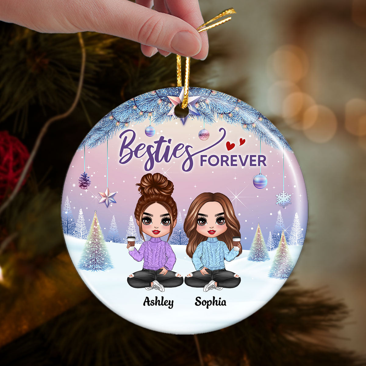 Gradient Background Christmas Besties Sisters Personalized Circle Ornament