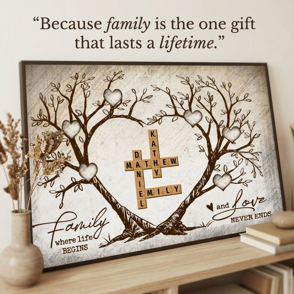 Family Heart Tree Crossword Puzzle - Created In A Moment, Treasured Forever - Personalized Poster - Gift For Family, For Husband, Wife