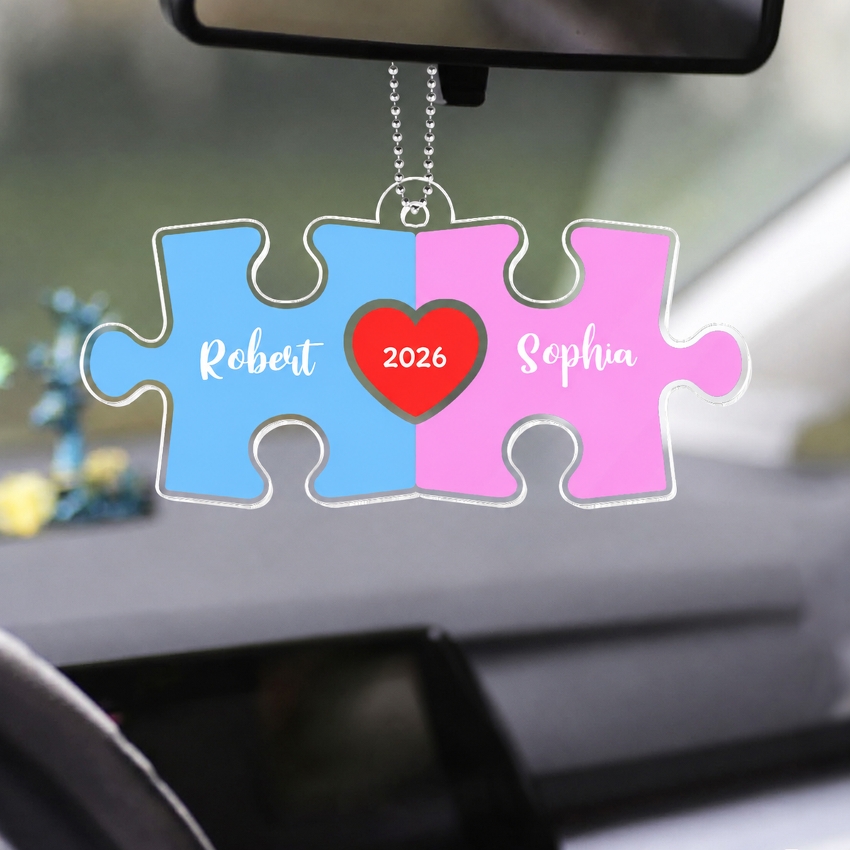 Love Is The Piece That Holds Us Together Acrylic Car Hanger, Personalize Couple Puzzle Name Sign,  Gift For Him, For Her, Wedding Gift