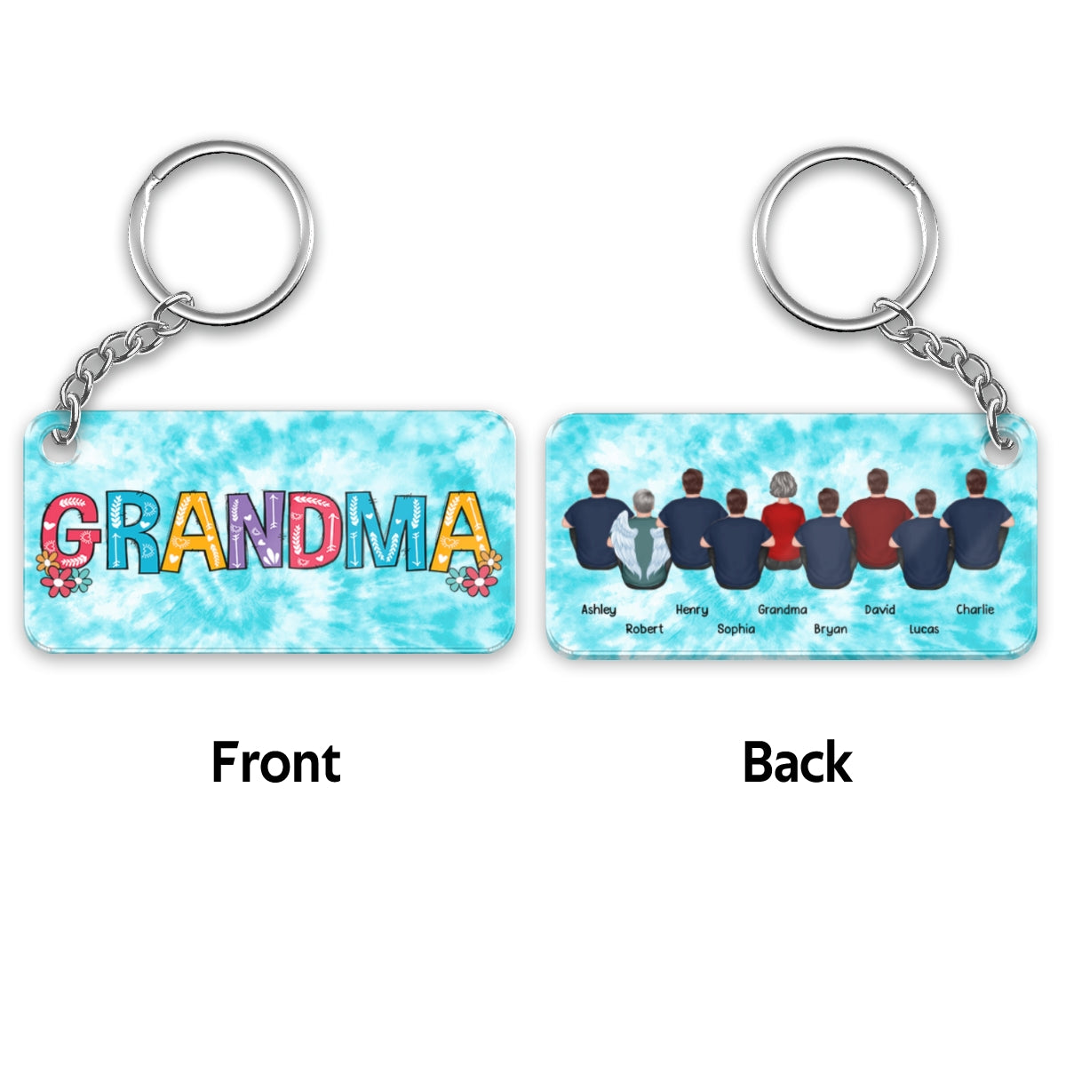 Tie Dye Back View Grandma Mom With Kids Dogs Cats Personalized Acrylic Keychain