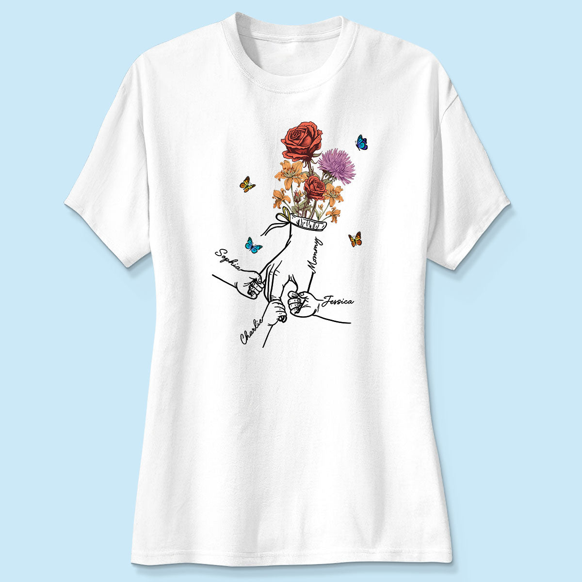 Holding Mom Grandma Hand Birth Month Flowers Personalized Shirt