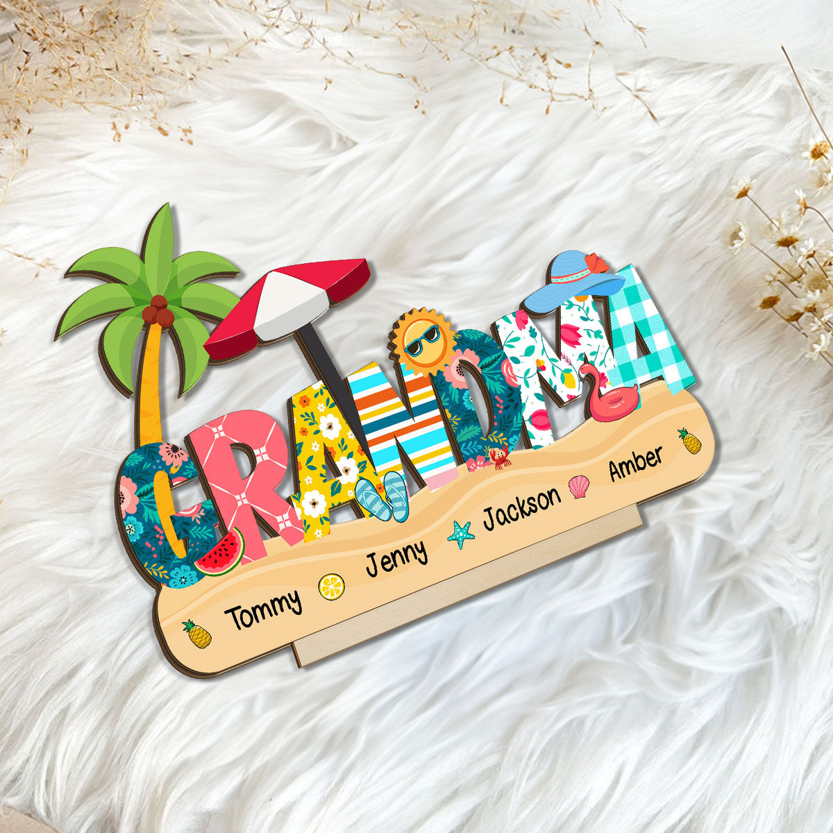 Summer Grandma Mom Pattern Personalized 2-Layer Standing Wooden Plaque