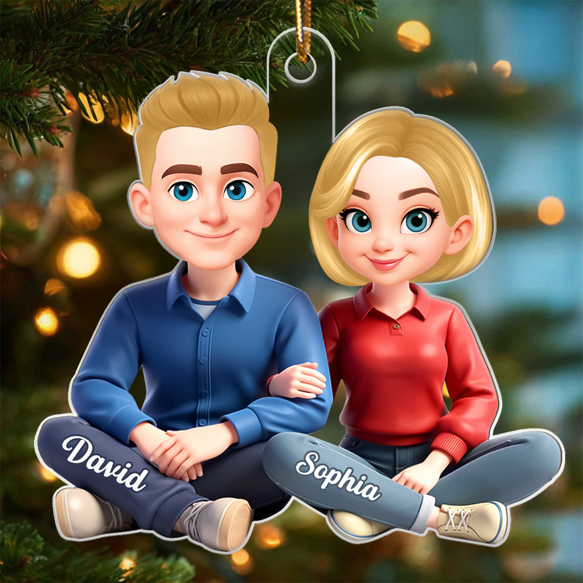 Loving Cartoon Couple Sitting Together - Personalized Acrylic Ornament - Christmas Gift for him, Gift for her