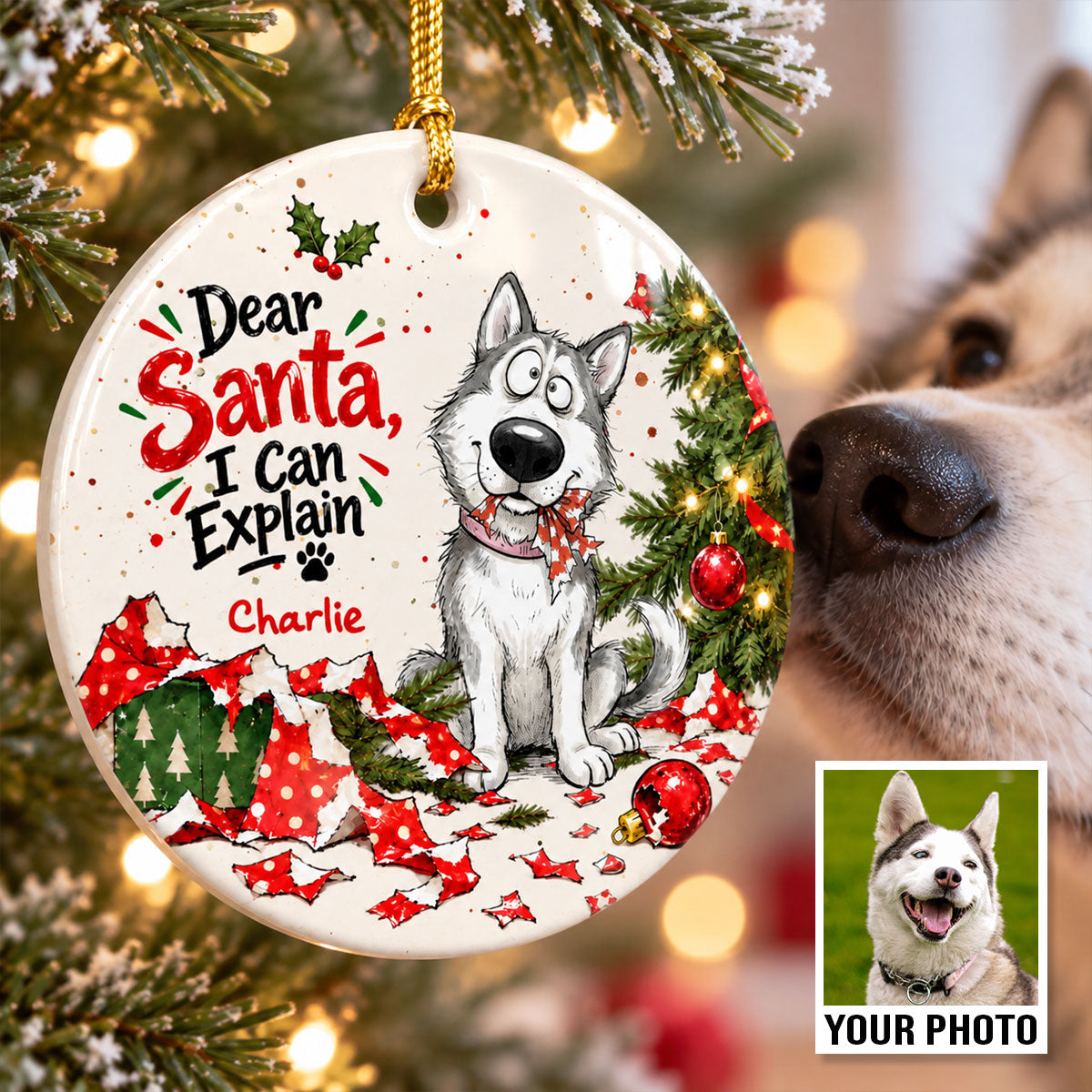 Dear Santa I Can Explain Funny Guilty Dog - Personalized Ceramic Ornament - Funny Christmas Tree Decor For Dog Lovers