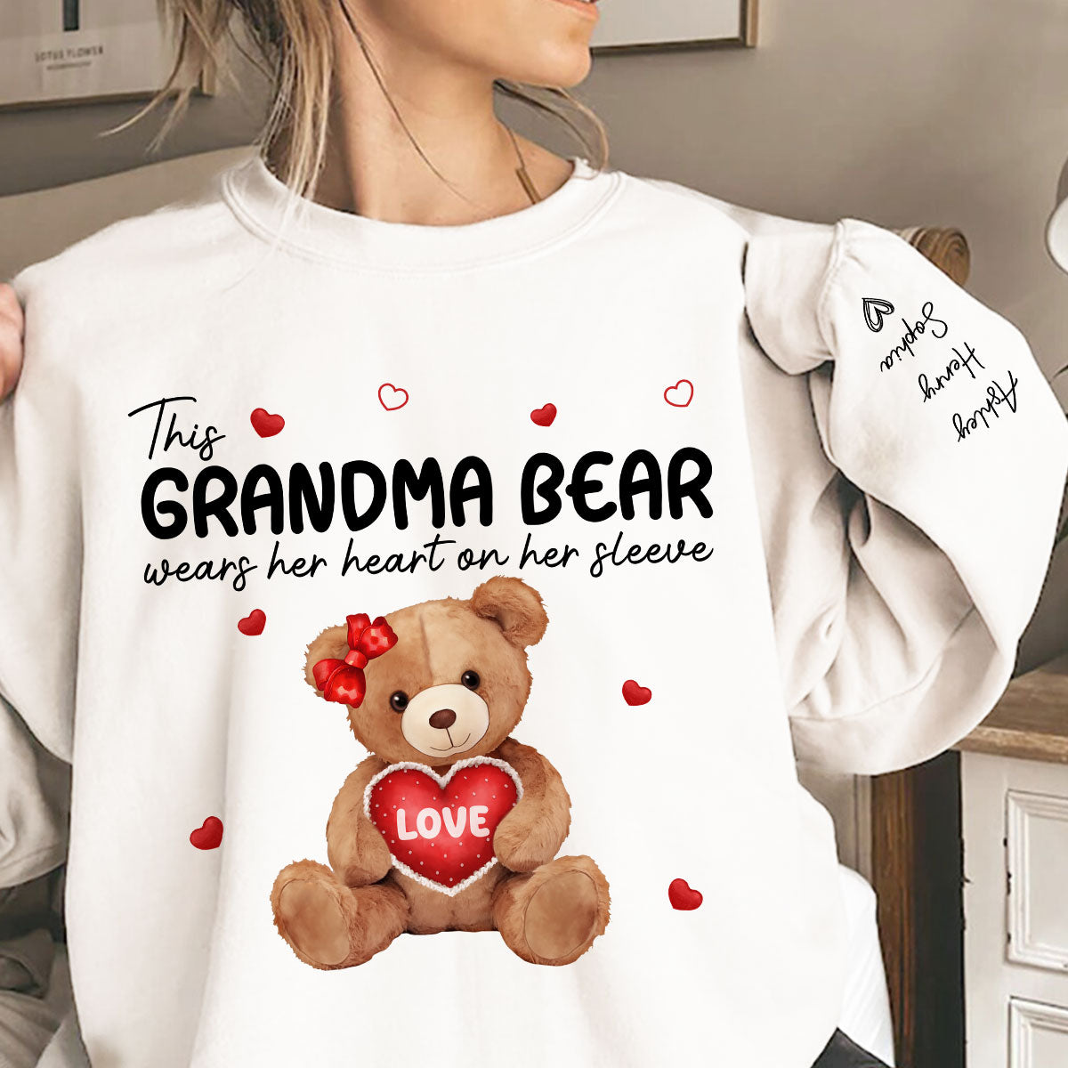 Grandma Mom Auntie Bear Wears Her Heart On Her Sleeve Personalized Sleeve Printed Sweatshirt