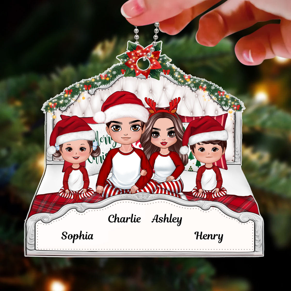 Doll Family Sitting On Bed Personalized Acrylic Custom Shape Ornament