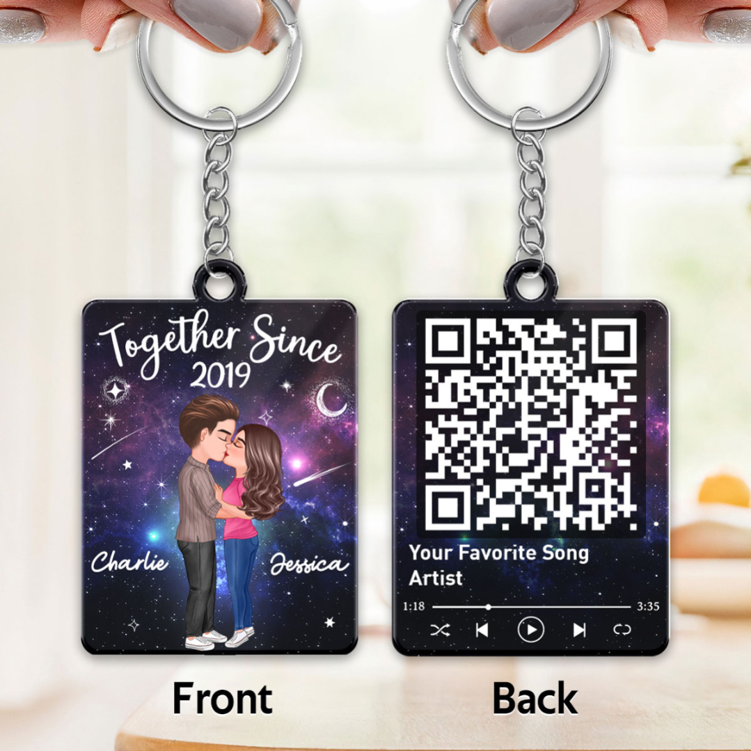 Couple Kissing In Galaxy Night Favorite Song Scannable QR Code - Personalized Acrylic Keychain - Anniversary Gift For Him, Gift For Her