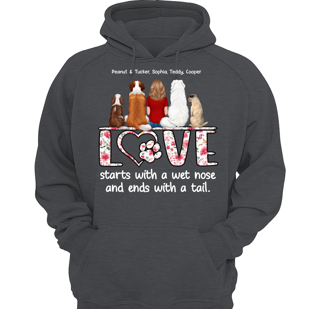 Love Start With A Wet Nose Back View Woman & Dog Personalized Shirt