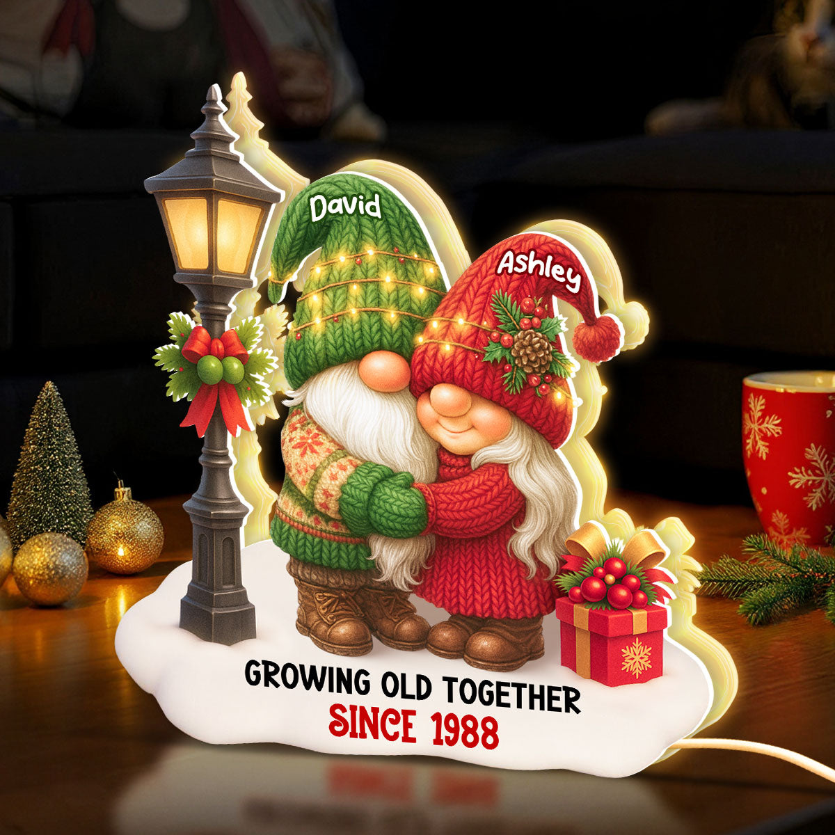 Gnome Christmas Couple Growing Old Together Personalized Light Box, Gift for him, for her
