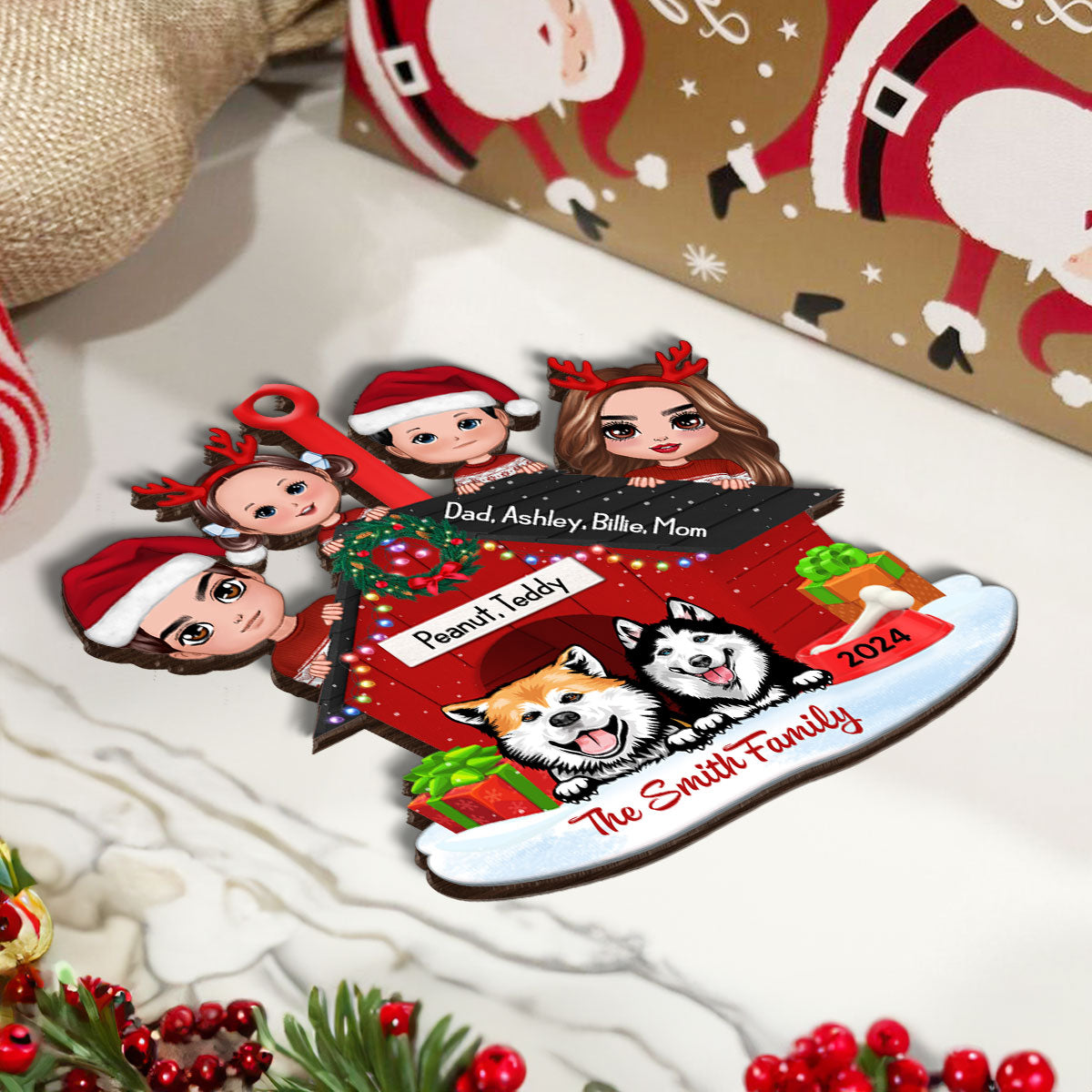 Family And Dogs Christmas - Personalized Wooden Ornament