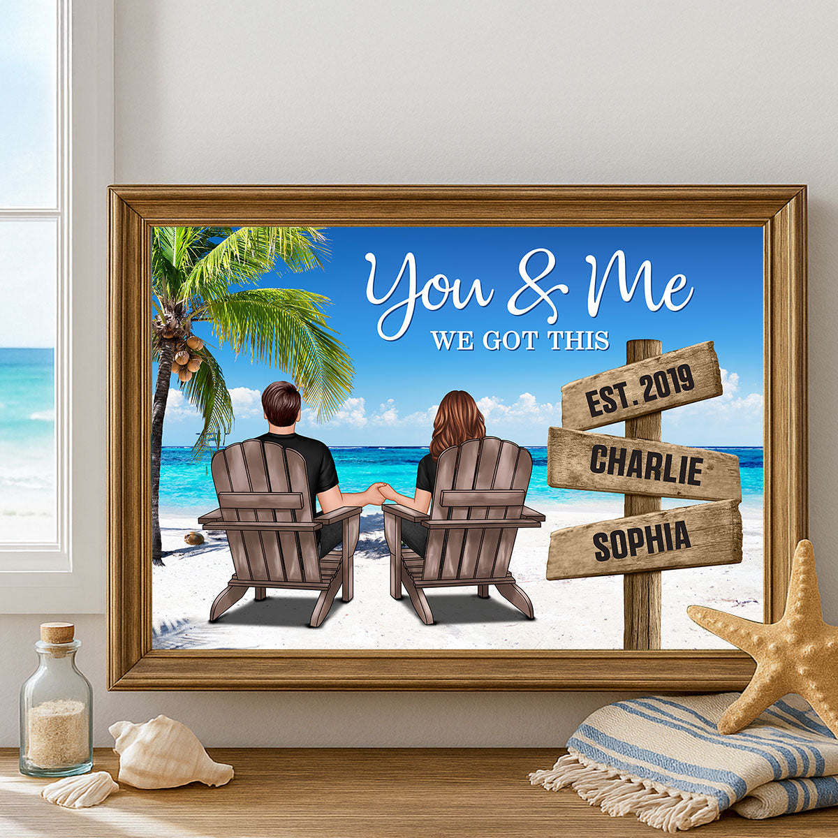 Ocean Breeze Couple Sitting Direction Sign Personalized Poster, Anniversary Gift for Him for Her