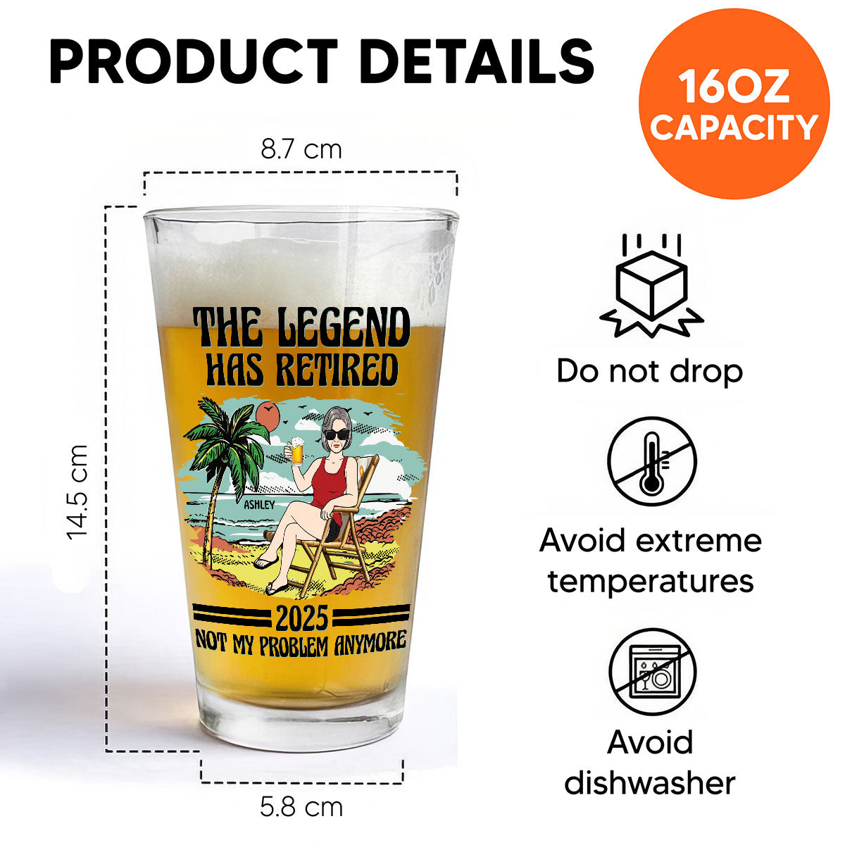 The Legend Has Retired Vintage Beach Personalized Beer Glass, Retirement Gift For Beach Lovers, Dad, Mom, Grandpa, Grandma