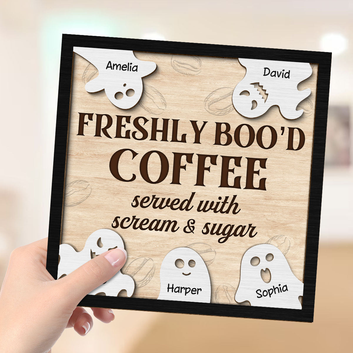 FRESHLY BOO'D COFFEE Ghost Family Personalized 2-Layer Wooden Plaque