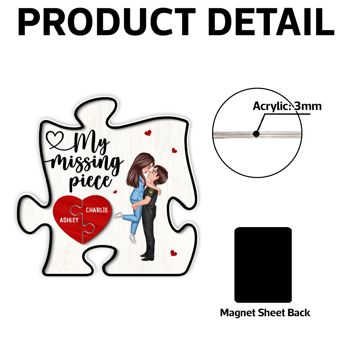 My Missing Piece Couple Hugging Kissing Puzzle Shaped Personalized Acrylic Fridge Magnet