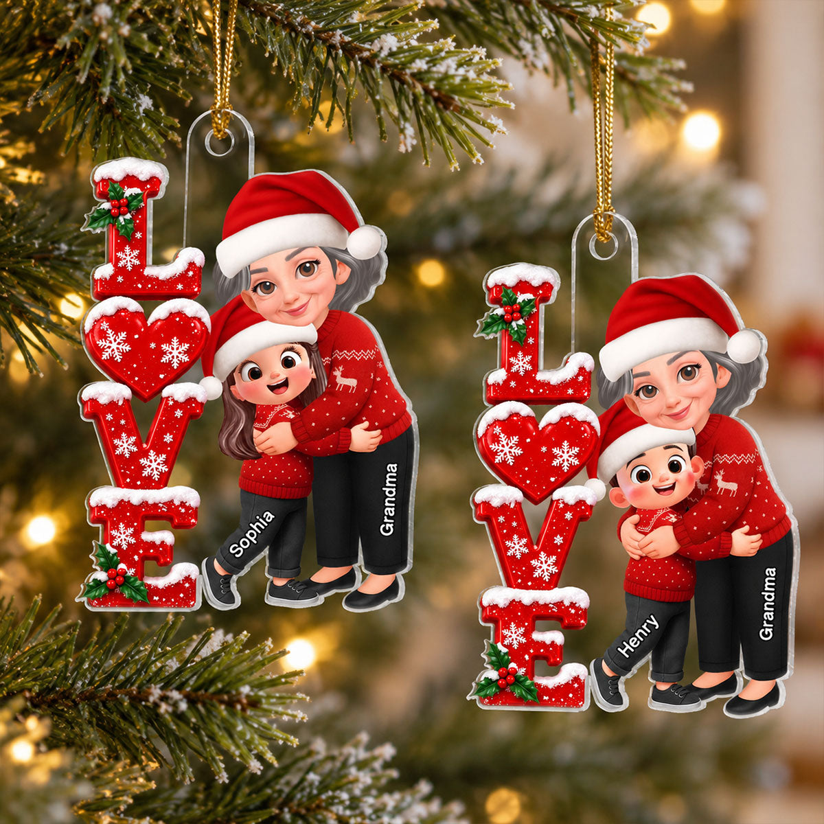Grandma Hugging Grandkid LOVE 2D Flat - Personalize Acrylic Ornament - Christmas Gift for Grandma, Granddaughter, Grandson