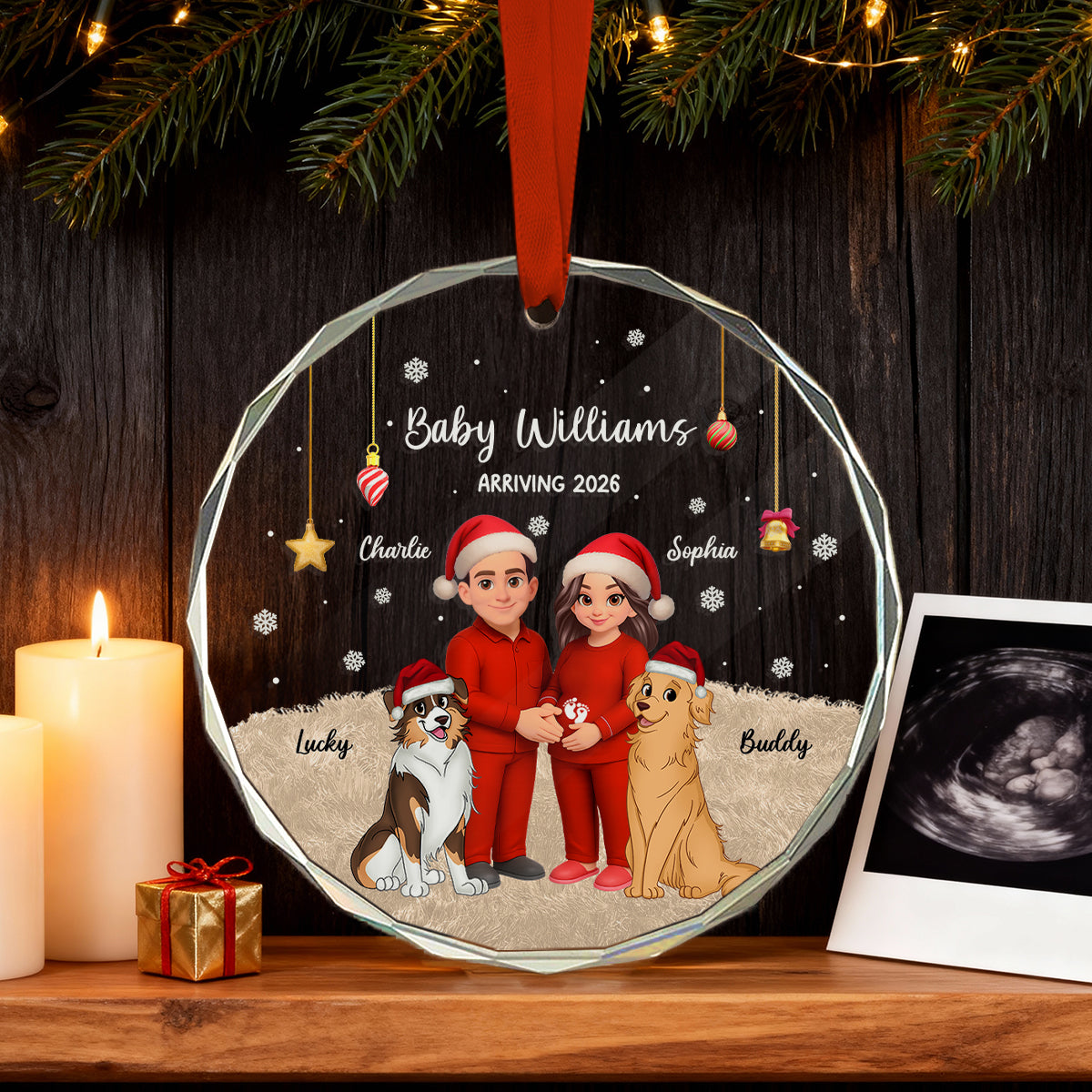 Expecting Parents Christmas Pregnancy Baby Arriving With Dogs Cats - Personalized Glass Ornament