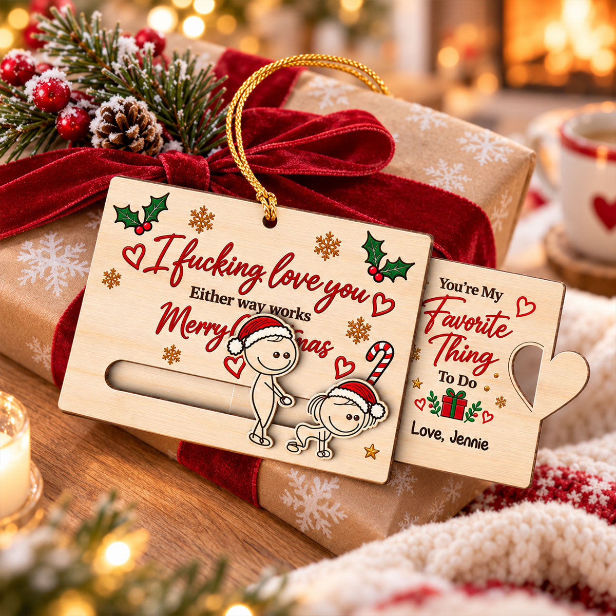 I Fcking Love You Funny Inappropriate Couple - Personalized Wooden Slider Ornament - Funny Christmas Gift For Him, For Her, For Husband, Wife