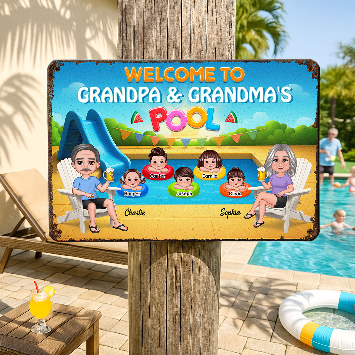 Summer Vibe Welcome To Grandpa Grandma Grandparents Pool Personalized Metal Sign