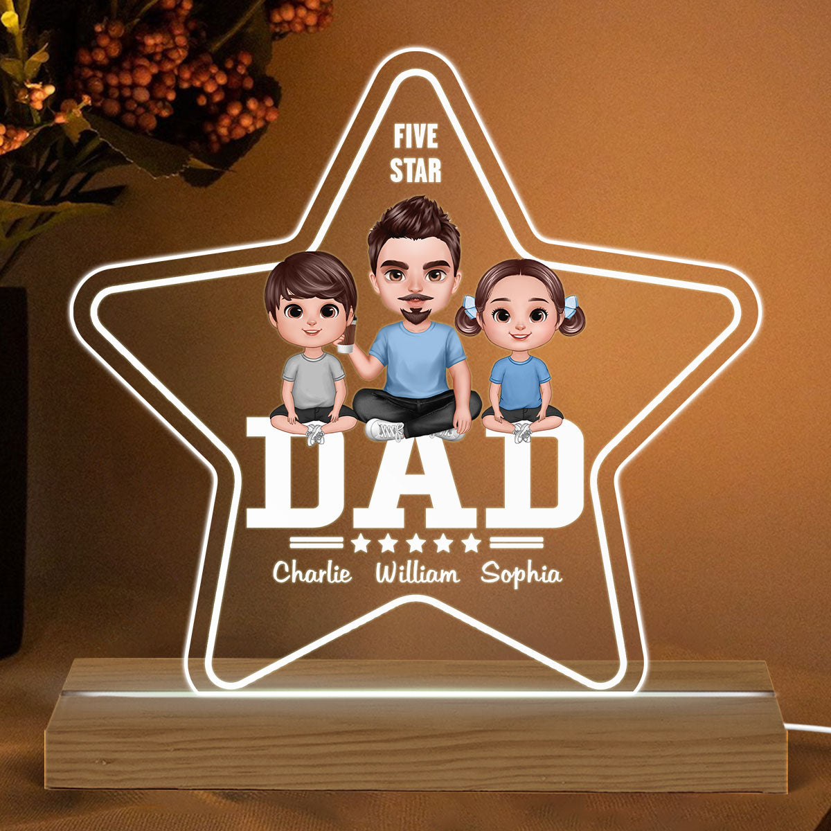 Five - Star Doll Realistic Dad And Kids Personalized Warm Custom Shape Acrylic LED Night Light