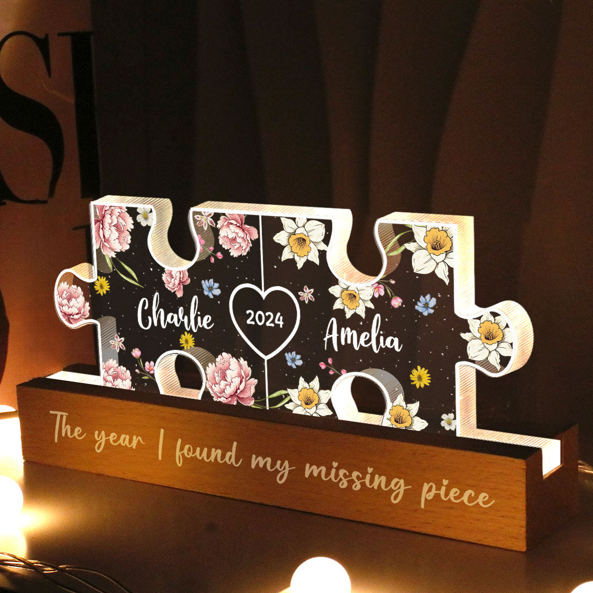 Couple Puzzle Birth Month Flower Theme Anniversary Gift Personalized Acrylic LED Night Light, Heartfelt 2025  Gift, Anniversary Gift For Her, For Girlfriend, For Wife