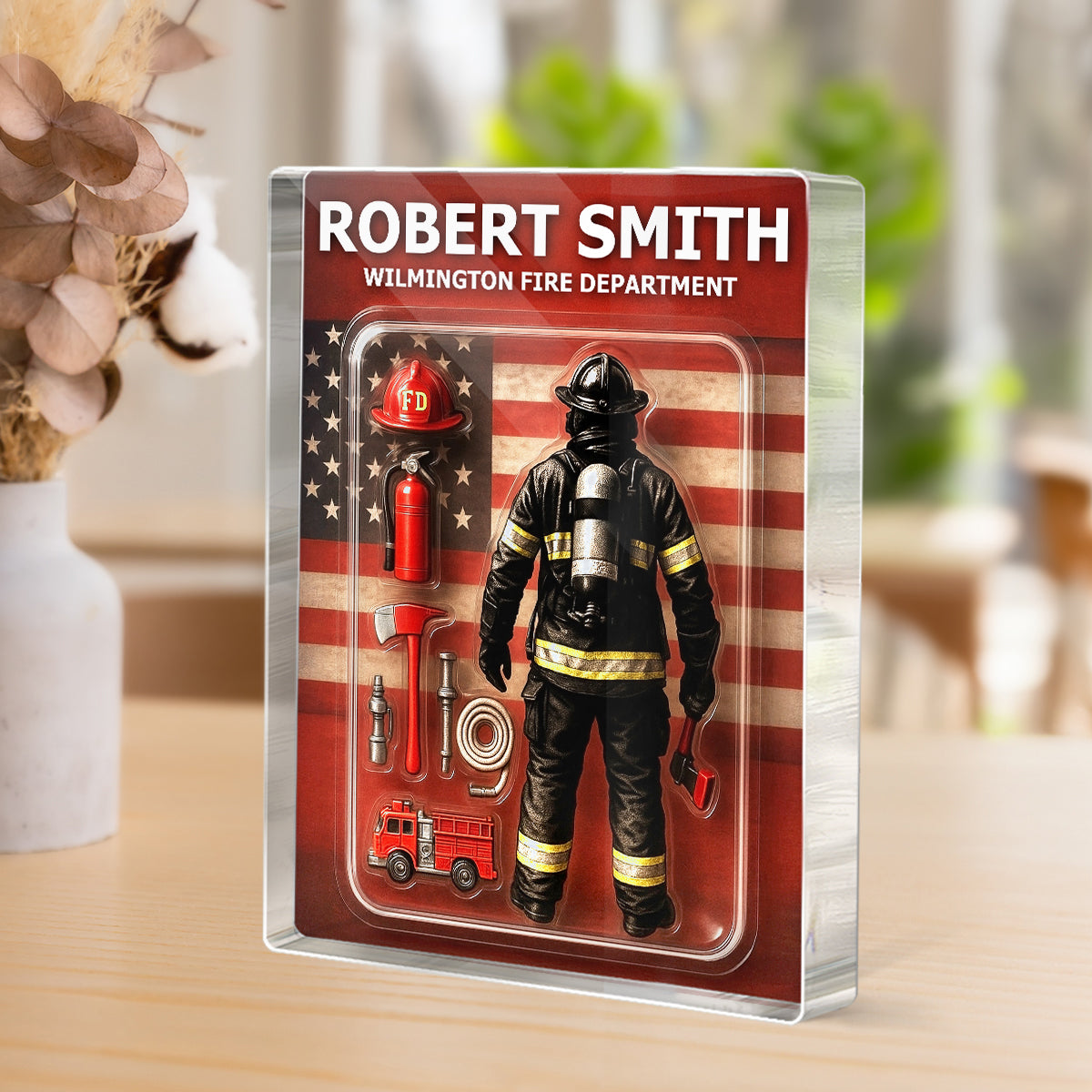 Firefighter Custom Figure Personalized Acrylic Block Plaque, Father's Day Gift for Dad, Gift for Husband
