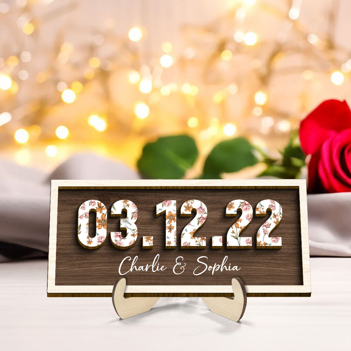 Couple Engagement Wedding Anniversary Special Date Custom Flower Printed 2-Layered Wooden Plaque,  Gift For Her, Gift For Him