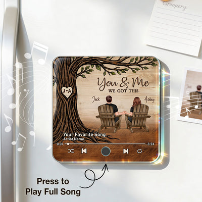 Couple Sitting Under Heart Carved Tree - Personalized Music Fridge Magnet - Valentine's Day Gift For Couple
