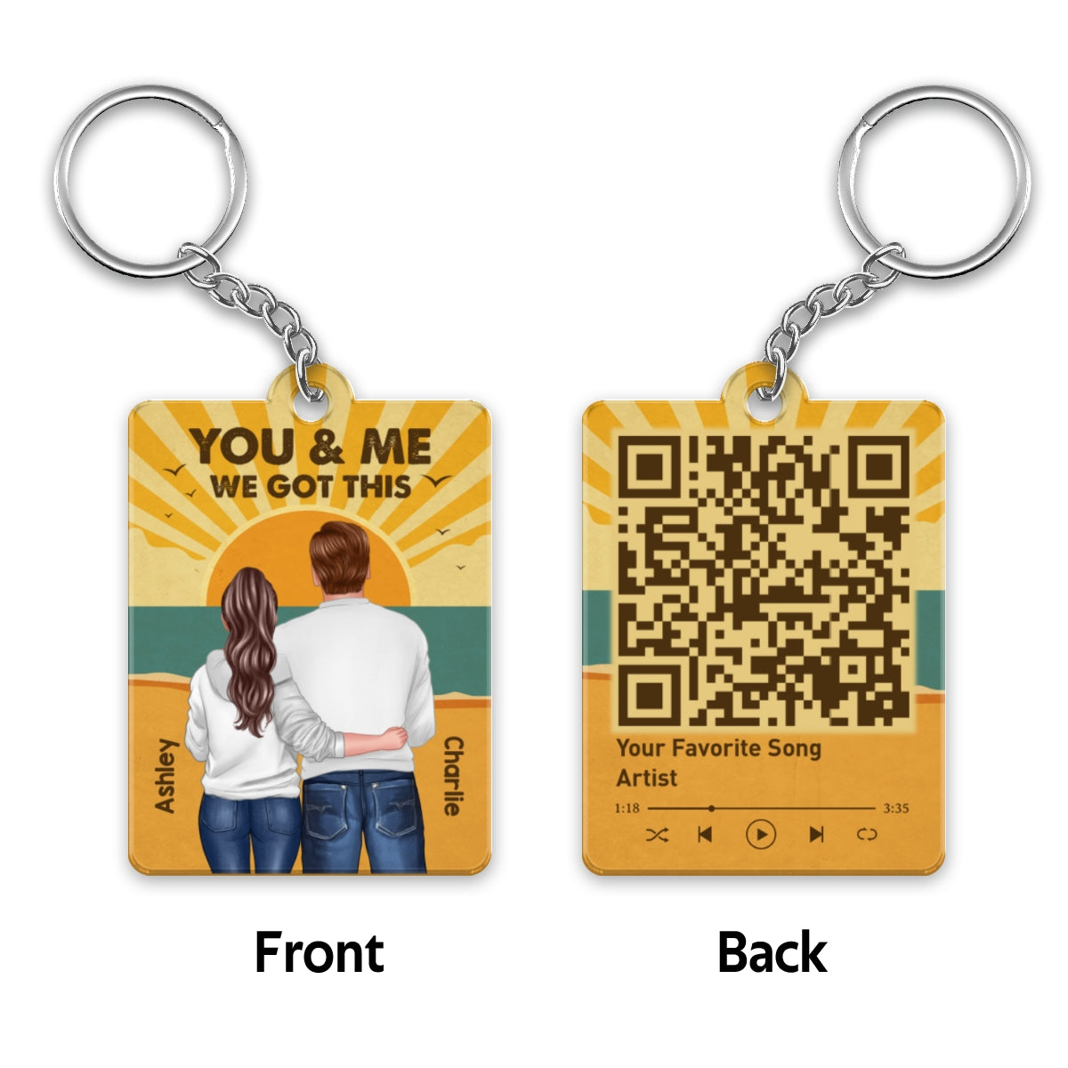 Retro Beach Couple Back View Favorite Song QR Code Personalized Acrylic Keychain