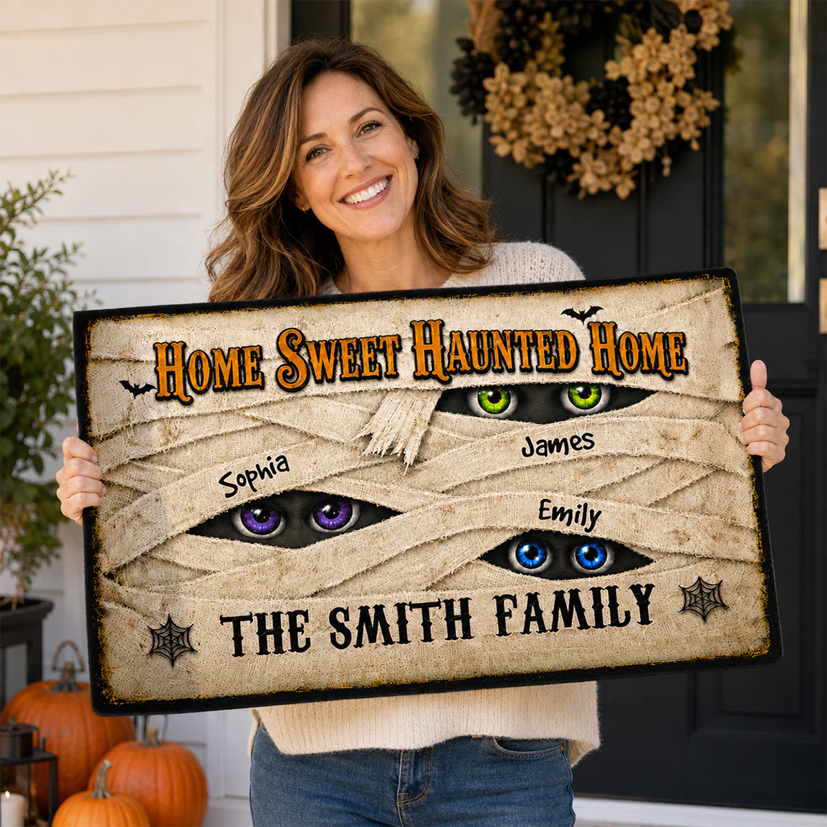 Mummy Family Peeking Eyes 2D Flat - Personalized Doormat - Funny Halloween Family Decoration