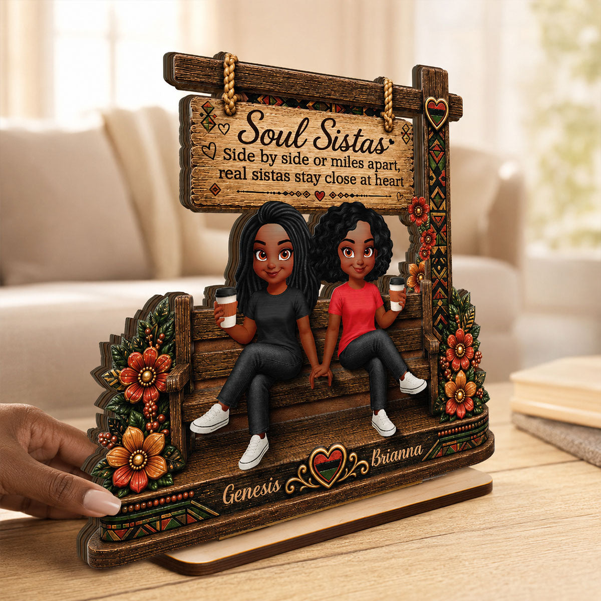 Soul Sistas Sitting Under Sign Post 2D Flat Printed - Personalized 2-Layered Wooden Plaque - Friendship Keepsake