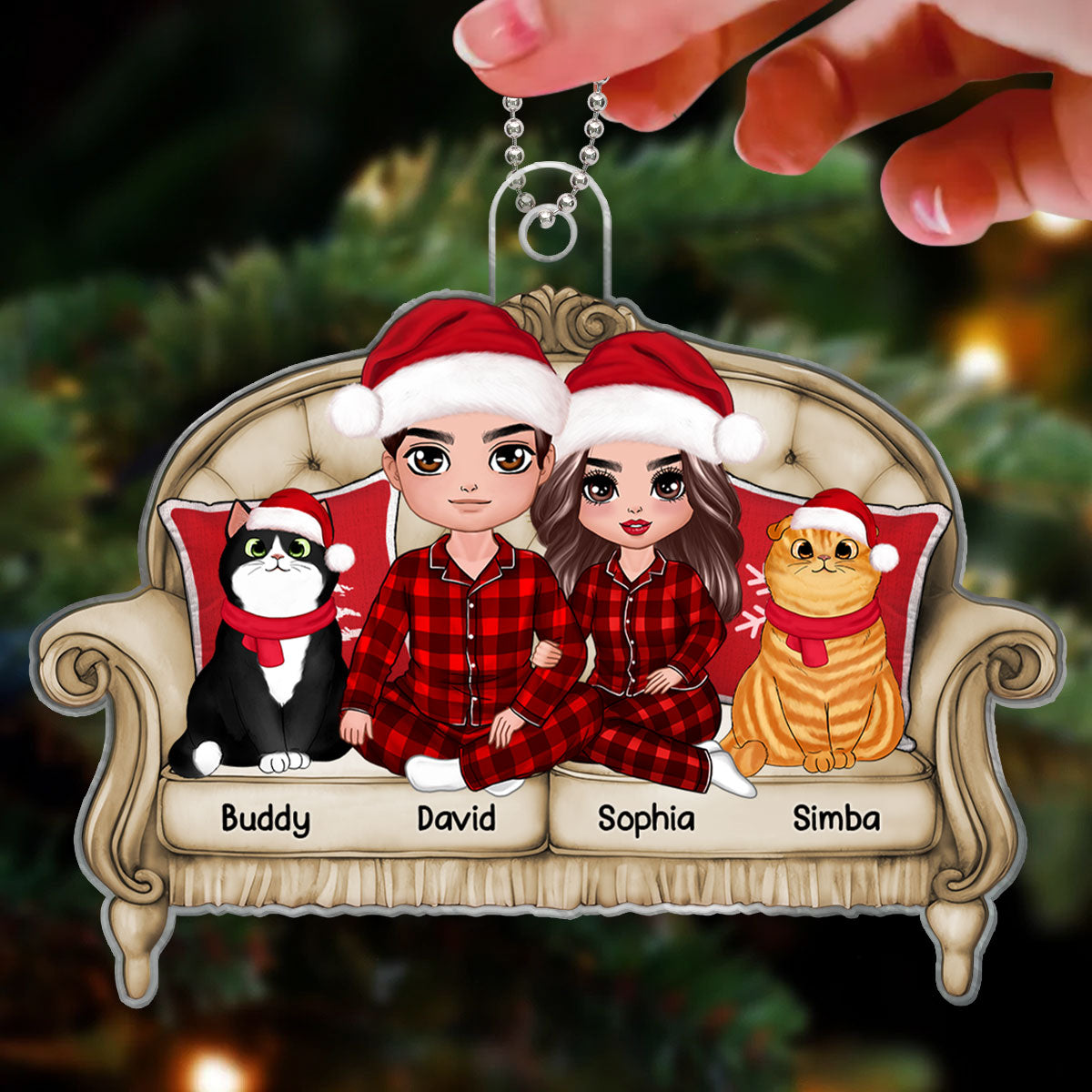 Doll Couple Sitting On Sofa With Cats Personalized Acrylic Ornament