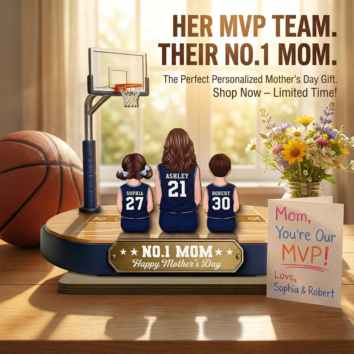 Mommy's Basketball Dream Team - Personalized 2-Layered Wooden Plaque - Father's Day Gift For Basketball Mom
