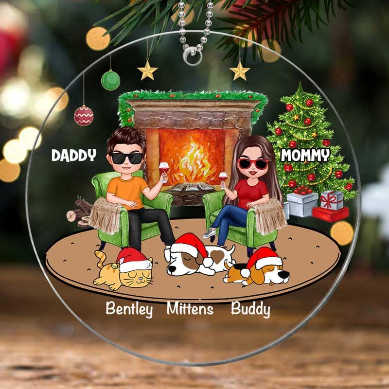 Doll Couple And Dogs Cats Personalized Christmas Acrylic Ornament