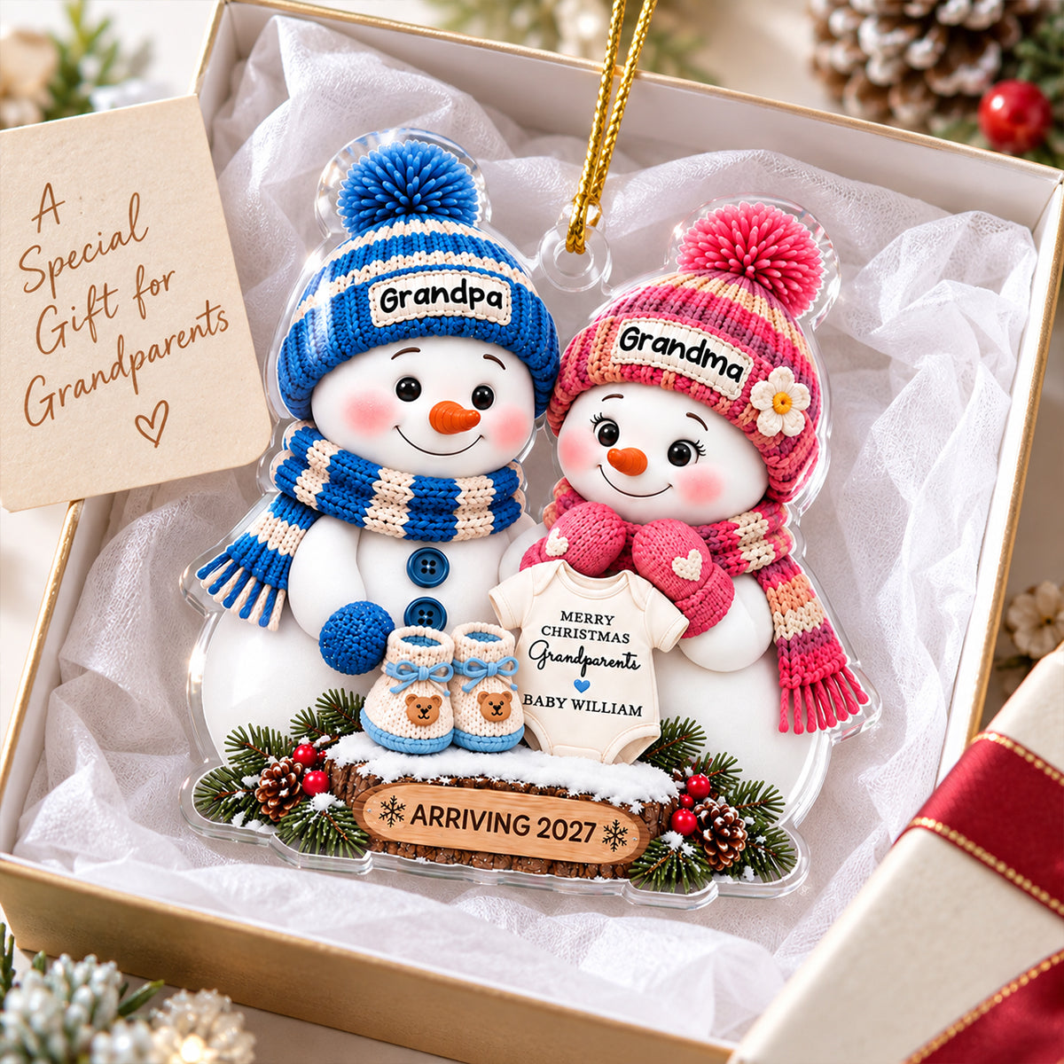 Promoted To Grandparents Cute Snowman 2D Flat - Personalized Acrylic Ornament - First Christmas Gift For New Grandparents, Pregnancy Announcement