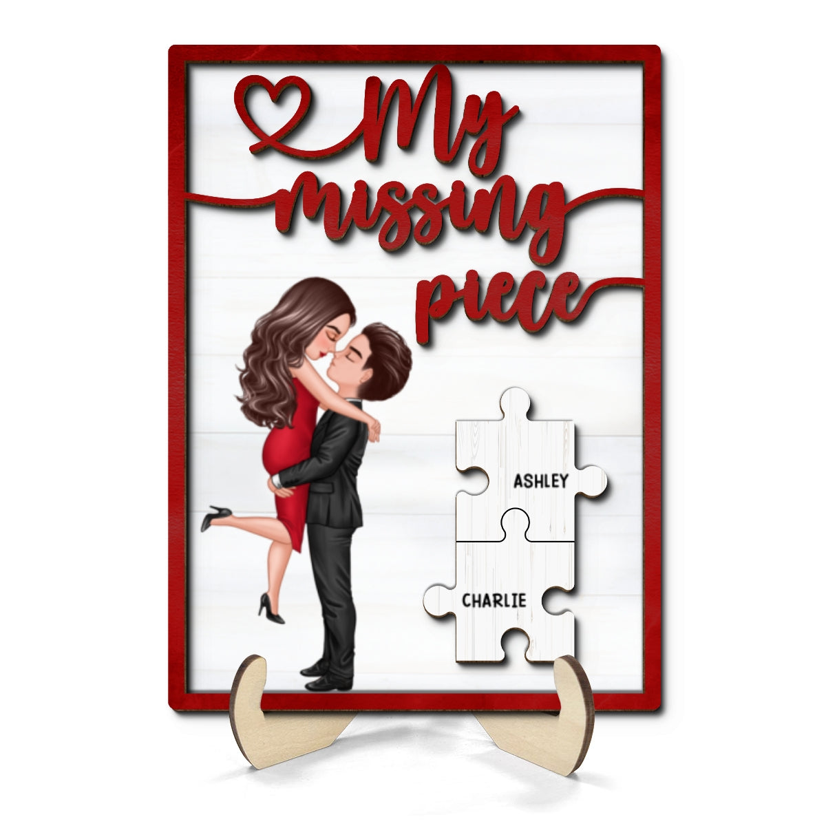 My Missing Piece Couple Hugging Kissing Red Valentine‘s Day Gift For Her Gift For Him Personalized 2-Layer Wooden Plaque