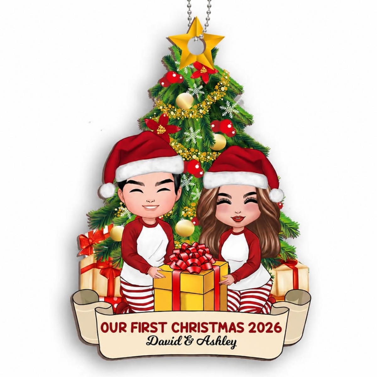 Doll Couple Opening Christmas Gifts Personalized Wooden Ornament