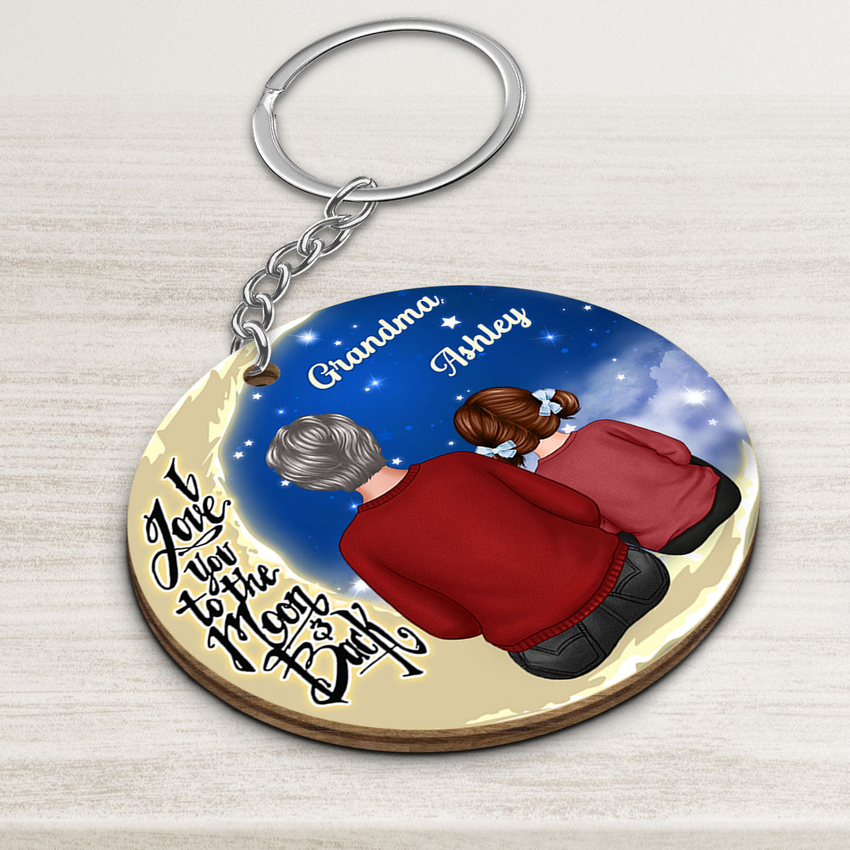 Grandma Grandkid On Moon Gift For Grandma Granddaughter Grandson Personalized Wooden Keychain