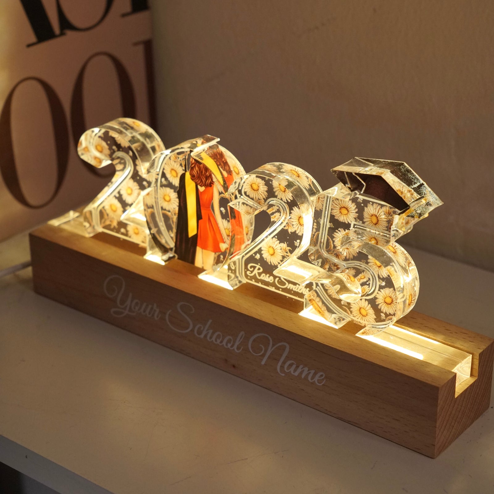 2025 Graduation Senior Birth Month Flowers Personalized Custom Shape Acrylic Block LED Night Light, Graduation Gift